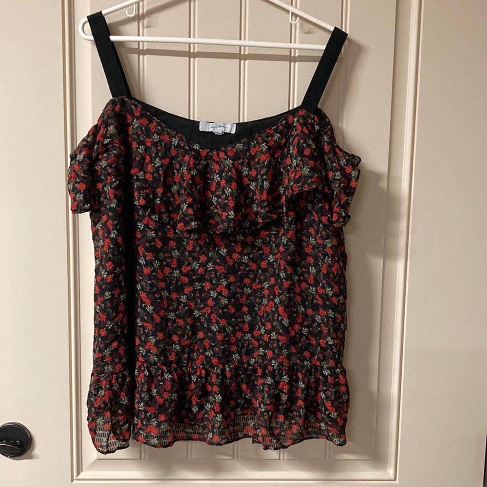 LIBBY EDELMAN Cold Shoulder Ruffle Black & Red Floral Peplum Top Blouse Size XL